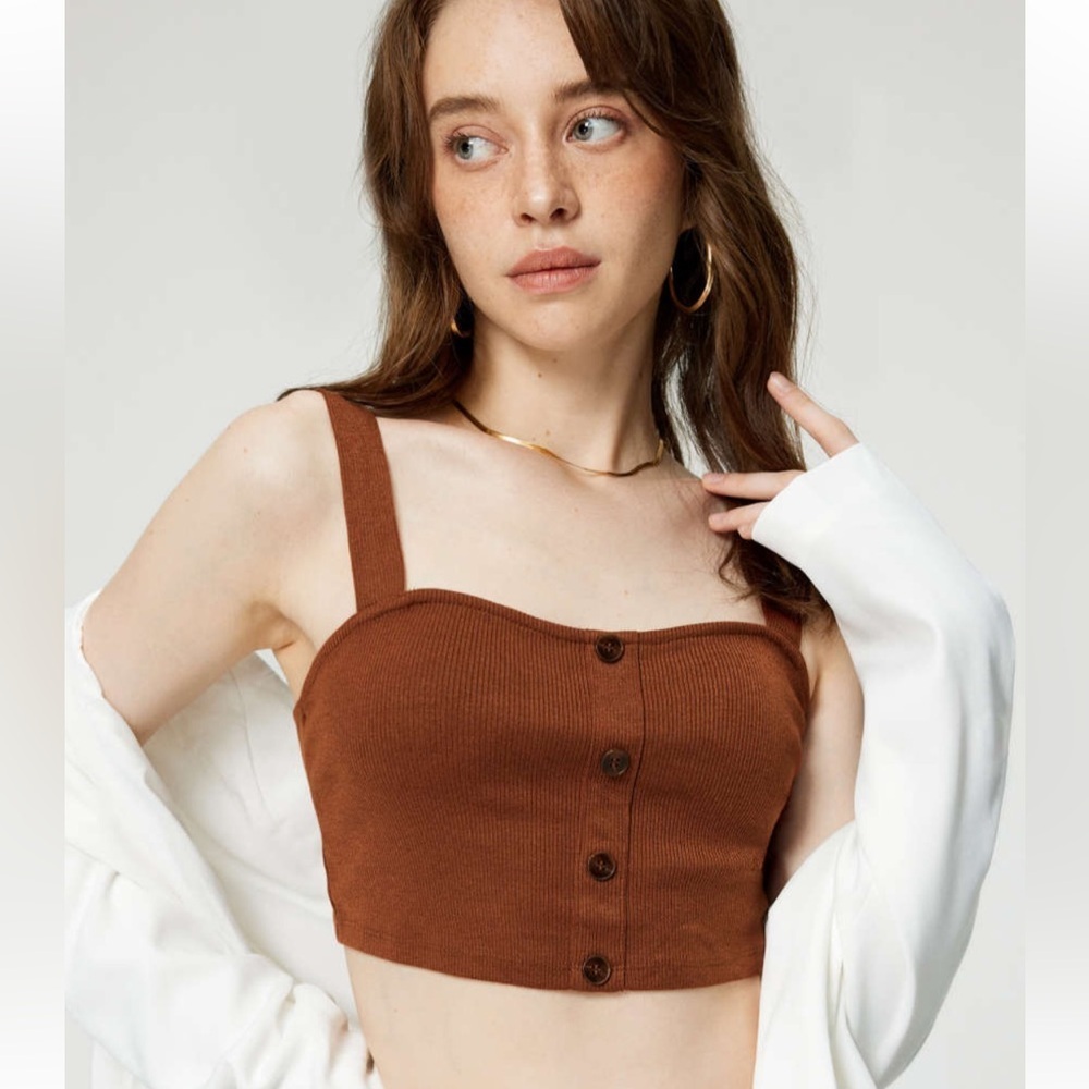 NWT Cider Brown Ribbed Button-Front Crop Tank Top